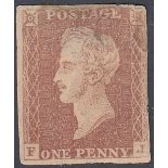 STAMPS GREAT BRITAIN : 1850 Prince Consort 1d Red Brown , DAMAGED