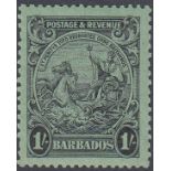 STAMPS BARBADOS : 1932 1/- Black and Emerald perf 13x12 mounted mint SG 237a