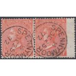 STAMPS GREAT BRITAIN : 1870 4d Deep Vermilion plate 12 fine used pair with SPENNYMOOR CDS cancels