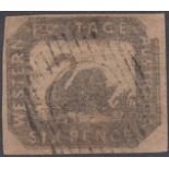 STAMPS : Western Australia 1857 6d Black-Bronze, fine used four margin example, slight staining,