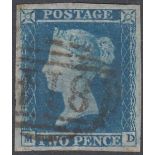 STAMPS GREAT BRITAIN : 1841 2d Deep Blue Plate 4, very fine used example, four clear margins,