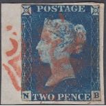 STAMPS GREAT BRITAIN 1840 2d deep blue (NB), used on piece with a red Maltese Cross,