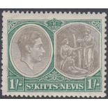 STAMPS ST KITTS : 1938-50 George VI 1/- green & black, break in value tablet variety, SG 75a.