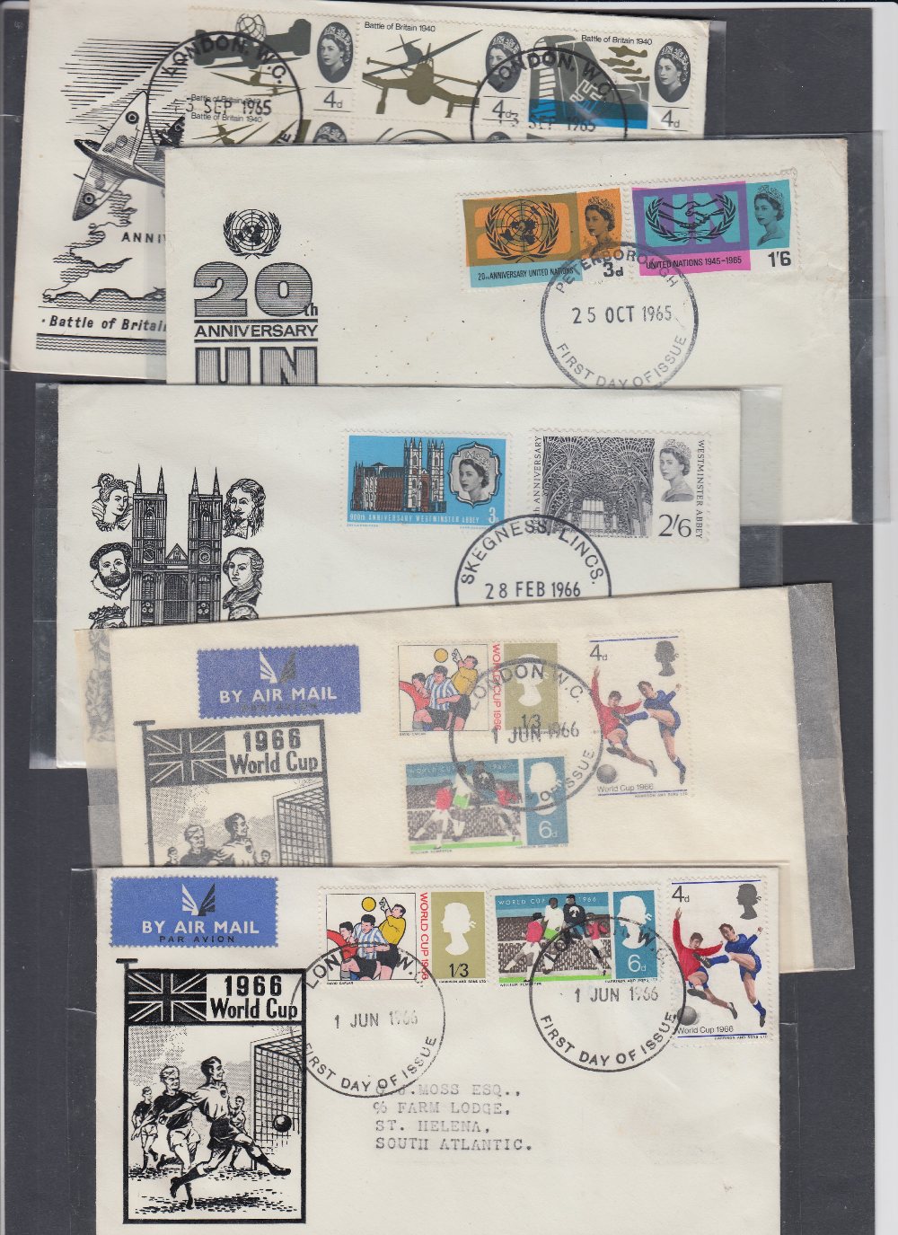 STAMPS FIRST DAY COVERS : Five illustrated FDCs from 1960s; 1965 UN, 1965 B.O.B.