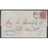 STAMPS GREAT BRITAIN : 1869 10d Red Brown tied to wrapper, from London,