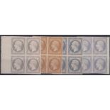 STAMPS FRANCE - Napoléon III issue colour trials in imperf blocks of four, on un-gummed paper,