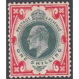 STAMPS GREAT BRITAIN - 1902 1/- dull green and scarlet mounted mint SG 257 Cat £100