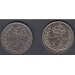 COINS - 1902 and 1903 silver 3d coins Maundy style.