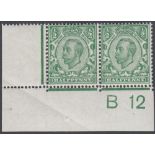 STAMPS GREAT BRITAIN 1912 1/2 Bluish Green , unmounted mint corner marginal pair with B 12 control,