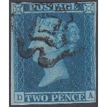STAMPS GREAT BRITAIN 1841 2d blue (DA) plate 3, fine four margins with a distinctive Norwich MX,