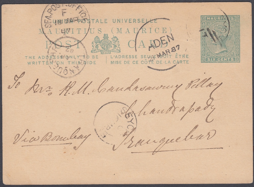 POSTAL HISTORY SEYCHELLES 1879 6d Green Mauritius postal stationery postcard used in Seychelles,