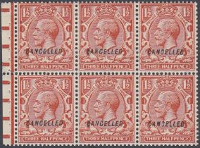 STAMPS GREAT BRITAIN 1924 1 1/2d booklet pane of six overprinted Cancelled (type 28), good perfs,