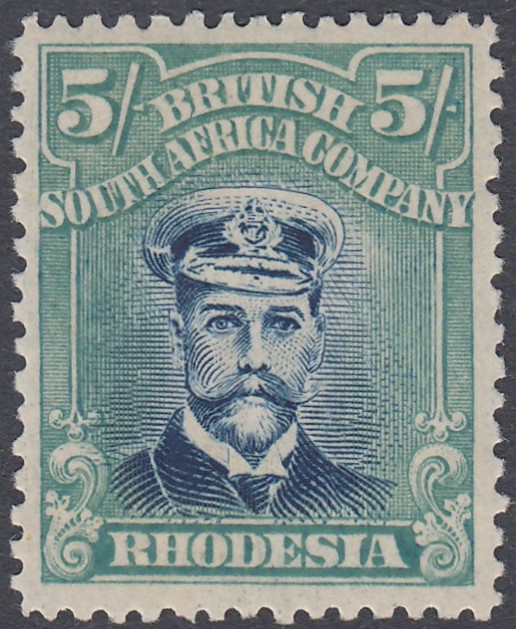 STAMPS RHODESIA 1913 Admiral Die IIIB, 5/- deep blue-green, fine M/M, SG 275.