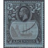 STAMPS ASCENSION 1924 3/- Grey Black and Black Blue, fine used,