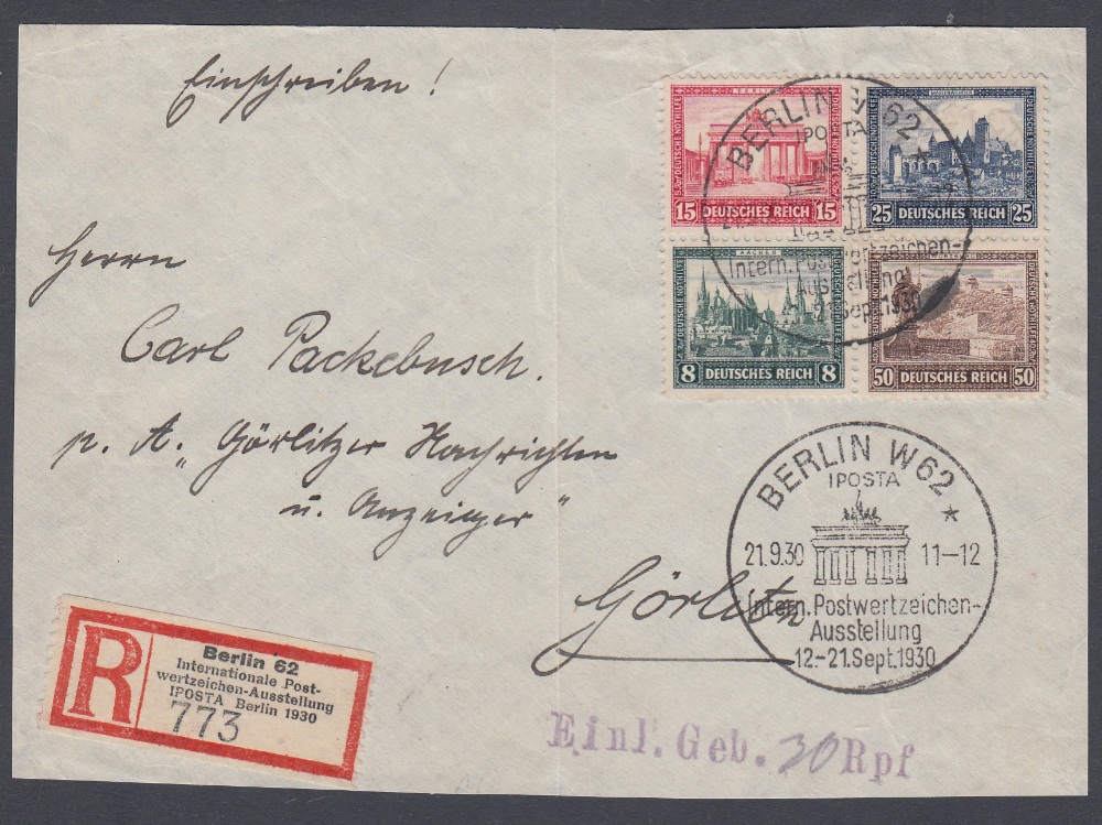 STAMPS GERMANY 1930 IPOSTA set of four fine used on registered envelope FRONT,