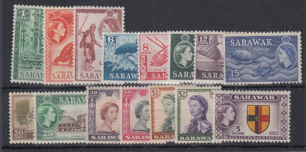 STAMPS SARAWAK 1955 QEII complete set of 15 values to $5, fine U/M, SG 188-202.