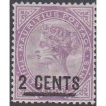 STAMPS MAURITIUS 1886 QV 2c surcharge on 38c dull purple, lightly M/M, SG 116.