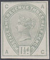 STAMPS GREAT BRITAIN 1883 1 1/2d IMPERF colour trial in GREEN on white paper,