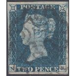STAMPS GREAT BRITAIN 1840 TWO PENNY BLUE Plate 1 (NE) four margin example cancelled by black MX