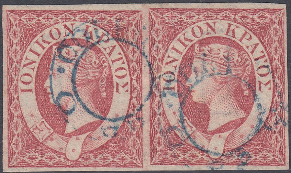 STAMPS IONIAN ISLANDS 1859 (2d) carmine in a fine used horizontal four margin pair with blue
