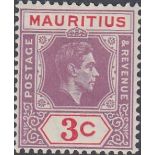 STAMPS MAURITIUS 1938 GVI 3c reddish purple & scarlet, with 'Sliced S' variety, fine M/M, SG 253a.