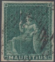 STAMPS MAURITIUS 1858 (4d) green, fine used with four good margins, SG 27. Cat £225.