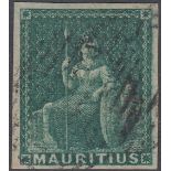 STAMPS MAURITIUS 1858 (4d) green, fine used with four good margins, SG 27. Cat £225.