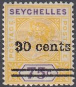 STAMPS SEYCHELLES 1902 30c on 75c yellow & violet, with repaired 'S', fine M/M, SG 42b.