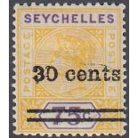 STAMPS SEYCHELLES 1902 30c on 75c yellow & violet, with repaired 'S', fine M/M, SG 42b.
