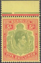 STAMPS BERMUDA 1938 GVI 5/- green & scarlet/yellow, perf 13, chalk-surface, fine U/M top marginal,