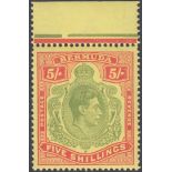 STAMPS BERMUDA 1938 GVI 5/- green & scarlet/yellow, perf 13, chalk-surface, fine U/M top marginal,