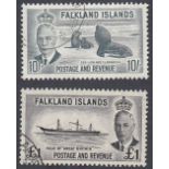 STAMPS FALKLANDS 1952 GVI 10/- grey & £1 black, both fine used, SG 184-85.