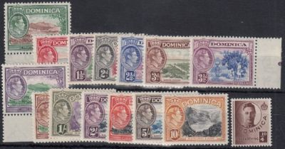STAMPS DOMINICA 1938 GVI complete set of 15 values to 10/-, lightly M/M, SG 99-109a.