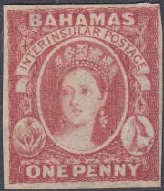 STAMPS BAHAMAS 1859 1d Reddish Lake, unused but with faults, no gum and slight thin,