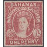 STAMPS BAHAMAS 1859 1d Reddish Lake, unused but with faults, no gum and slight thin,