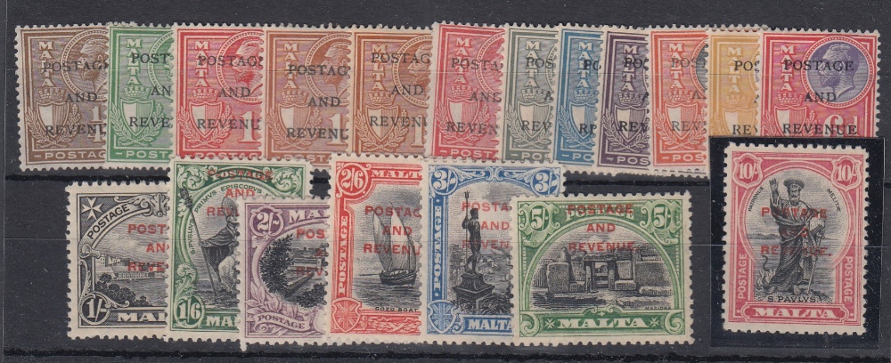 STAMPS MALTA 1928 GV overprint 'Postage and Revenue' M/M set of 19, SG 174-92.
