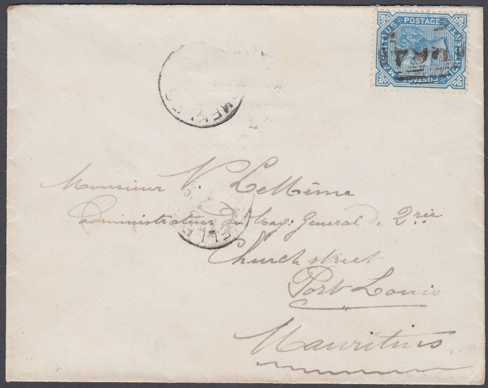 POSTAL HISTORY SEYCHELLES 1879-80 8c blue from Mauritius use on envelope and cancelled by B24