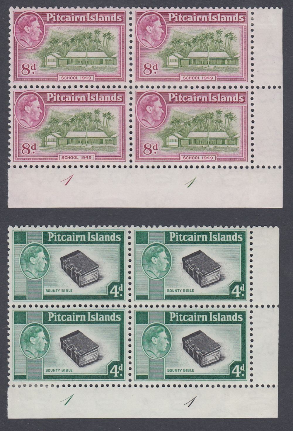 STAMPS PITCAIRN 1951 4d and 8d mint marginal blocks of four,