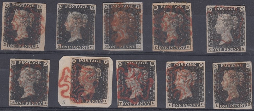 STAMPS GREAT BRITAIN Ten Penny Blacks most with four margins but small faults with most.