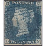 STAMPS GREAT BRITAIN 1840 TWO PENNY BLUE Plate 1 four close to good margins lettered (DF) cancelled