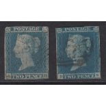 STAMPS CHARITY GREAT BRITAIN 1841 2d Blue, two single stamps on stock card average condition.