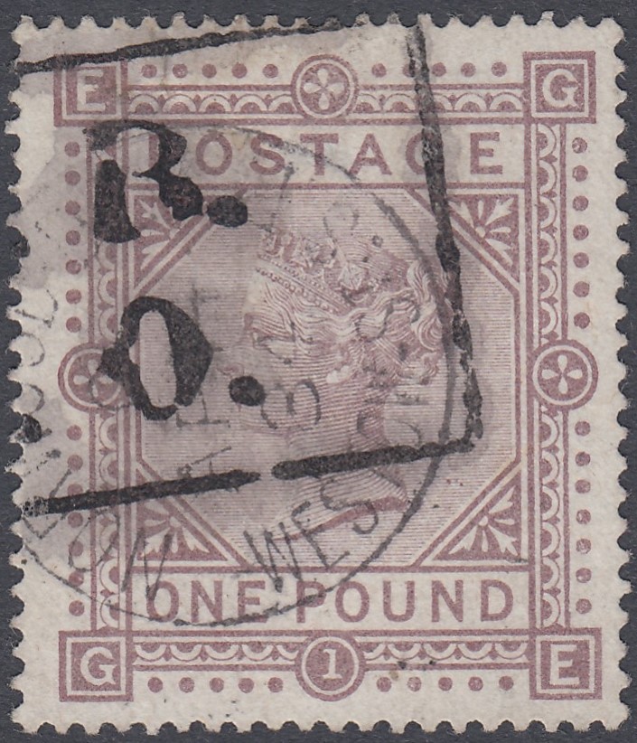 STAMPS GREAT BRITAIN 1884 £1 Brown Lilac (Anchor wmk) fine used cancelled by CDS and box cancel,