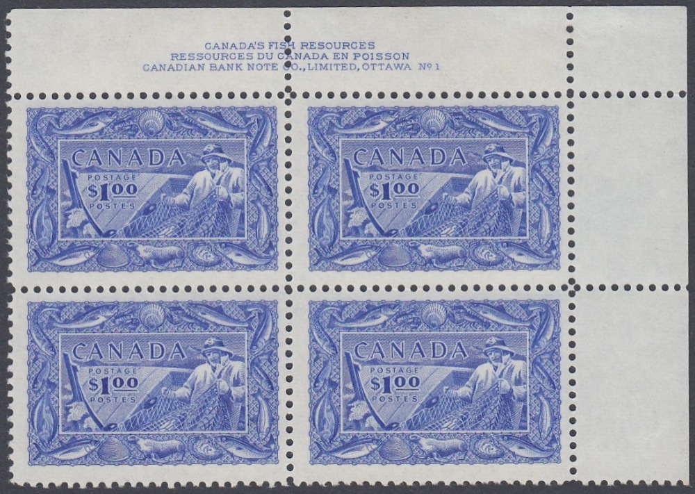 STAMPS CANADA 1951 Fisherman $1 ultramarine in a corner marginal imprint block of 4 (mounted in