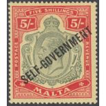 STAMPS MALTA 1922 GV 5/- green & red/yellow, optd 'Self-Government',