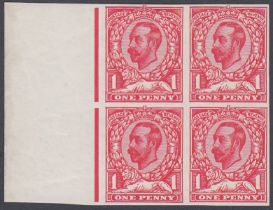 STAMPS GREAT BRITAIN 1911 1d IMPERF plate proof block of four.