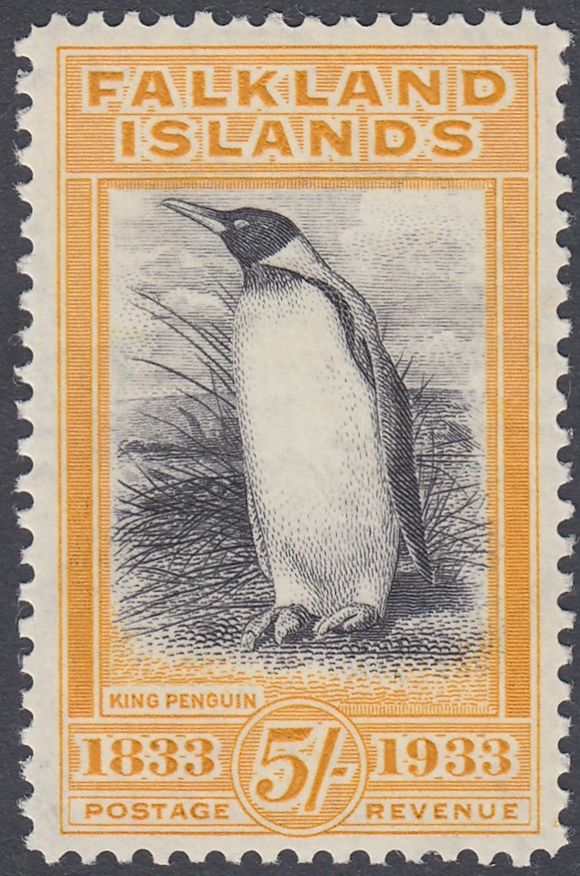 STAMPS FALKLANDS 1933 Centenary, 5/- Penguin, scarce black & yellow-orange shade, lightly M/M.