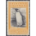 STAMPS FALKLANDS 1933 Centenary, 5/- Penguin, scarce black & yellow-orange shade, lightly M/M.