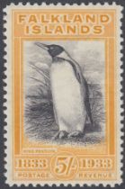 STAMPS FALKLANDS 1933 Centenary, 5/- Penguin, scarce black & yellow-orange shade, lightly M/M.