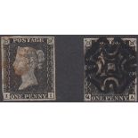 STAMPS GREAT BRITAIN Two unplated Penny Blacks, close to good margins.