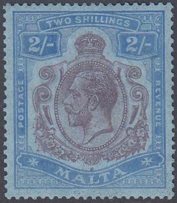 STAMPS MALTA 1921-22 GV 2/- purple & blue/blue, M/M with 'Damaged leaf at bottom right' variety,
